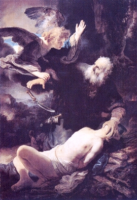 A painting of Isaac bound on an altar about to have his